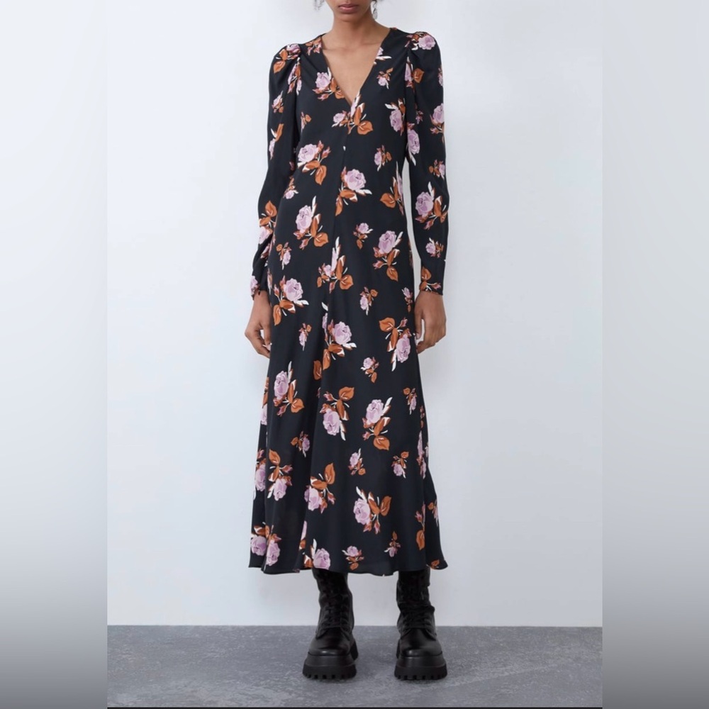 Zara Black Floral Long Sleeve Dress